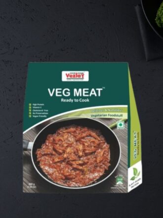 Vezlay Veg Meat ready-to-cook vegetarian food product pack featuring soy-based meat alternative in a green box.