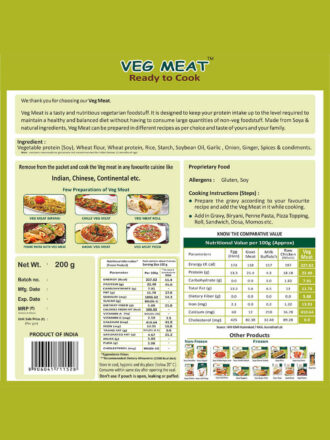 Back side of Vezlay Veg Meat ready-to-cook vegetarian food pack showing ingredients, nutritional value, cooking instructions, and product details.